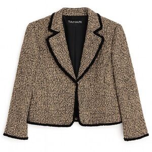Tahari Vintage Tweed Cropped Blazer Black Tan Bouclé Trim Classic Jacket Size 10